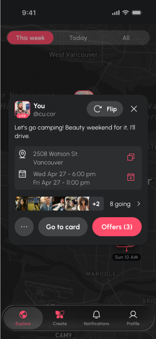 CU camping plan: Let’s go camping! Beauty weekend for it, I’ll drive. 2508 Watson St., Vancouver. 8 going and 3 offers to join.
